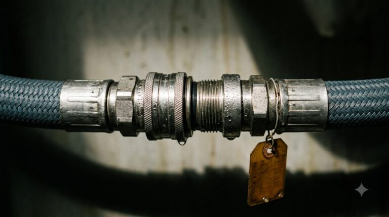 Overhead close-up of two mated steel quick-disconnect couplings on blue-grey coolant hoses