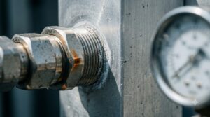 Brass fitting threaded into an aluminum cold plate manifold with a white corrosion bloom along the joint