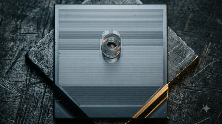 Microfluidic Cooling Cuts the Layers Between Die and Coolant - Data Center Technology Lab Macro view of an etched silicon die with fine parallel grooves and one clear tubing stub at a port, lit from a single lamp