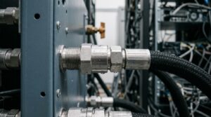 Pressure Drop Piping Turns 4x Flow Into 52x Hydraulic Power - Data Center Technology Lab Stainless steel quick disconnect coupling threaded into a rack manifold port with a braided hose leading away, seen close and from a low angle.