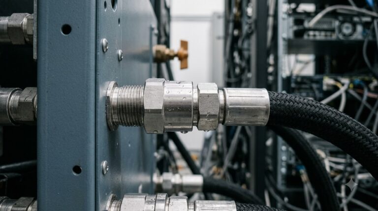Pressure Drop Piping Turns 4x Flow Into 52x Hydraulic Power - Data Center Technology Lab Stainless steel quick disconnect coupling threaded into a rack manifold port with a braided hose leading away, seen close and from a low angle.