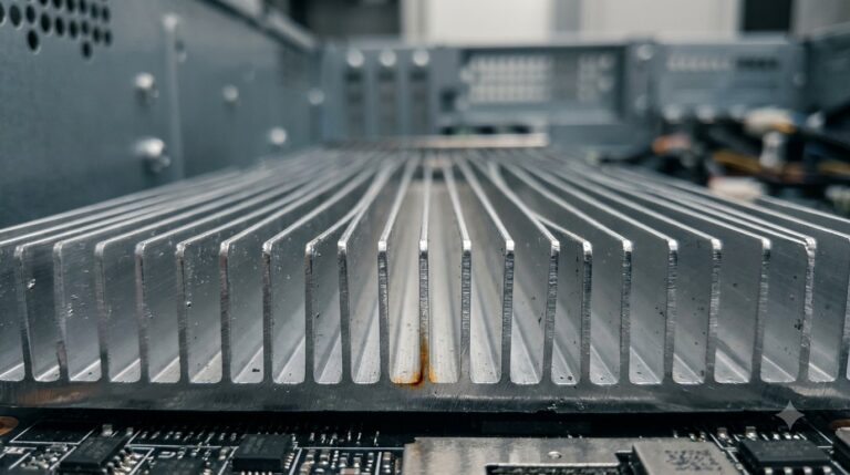 Close view of a passive GPU heat sink fin stack with one warm-tinted fin edge near the base