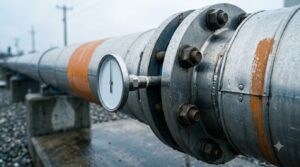Data Center Waste Heat Recovery Depends on Lift, Not Supply - Data Center Technology Lab Insulated steel pipe flange with a dial thermometer whose needle sits mid-scale, representing district heating water that is warm but not hot enough