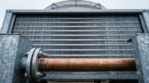Close low-angle view of the finned coil face of an outdoor dry cooler with a copper header pipe and a fan guard overhead under overcast light